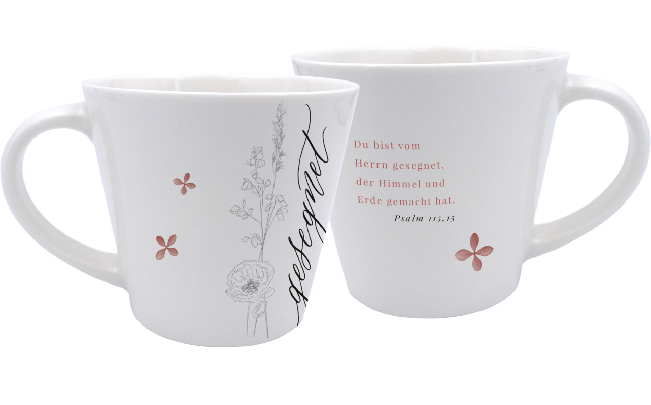Tasse - Tasse 'gesegnet' - Tasse Blumen Blüten Blätter Schriftzug