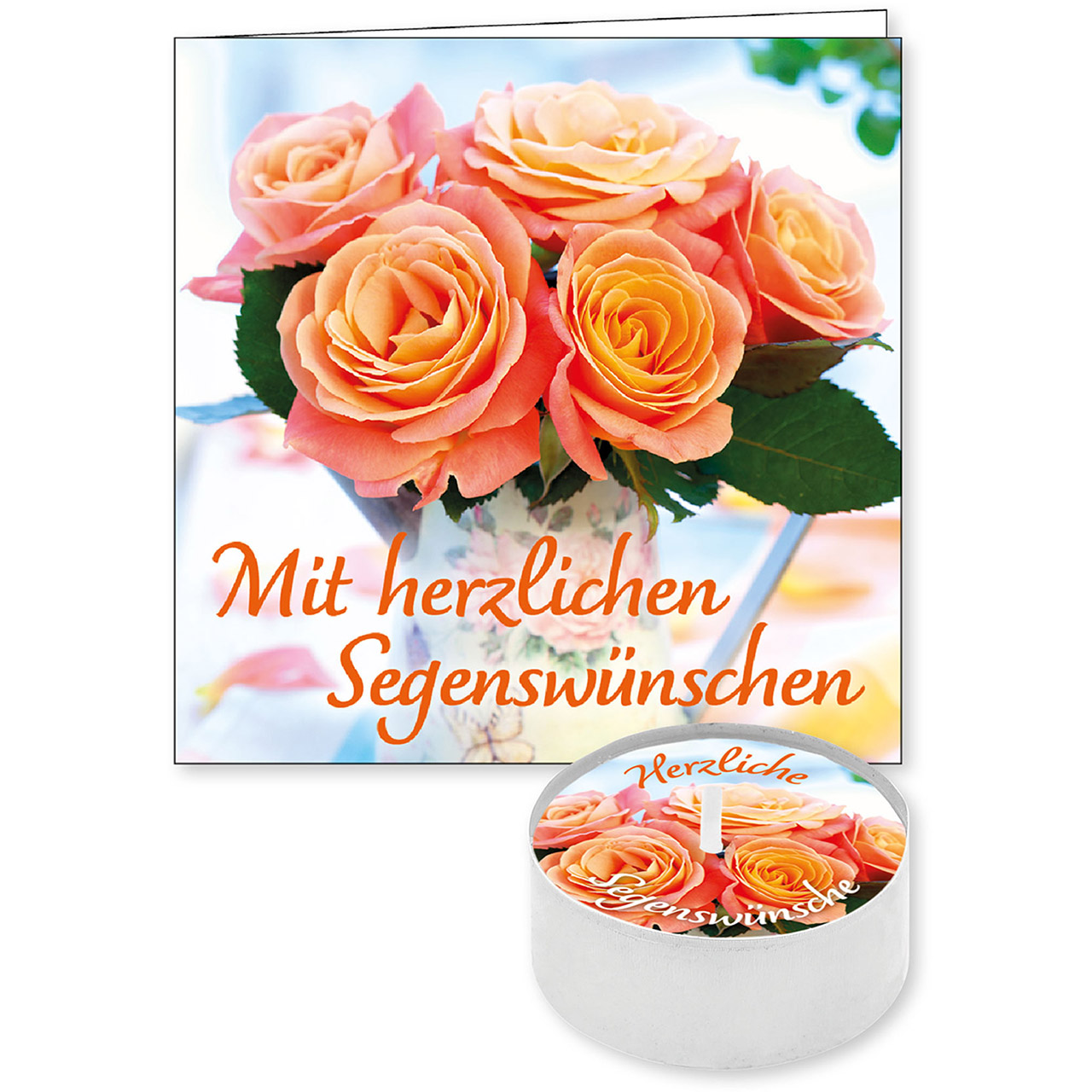 Mit herzlichen Segenswünschen Teelicht mit Grußkarte - Mit herzlichen Segenswünschen - Rosen