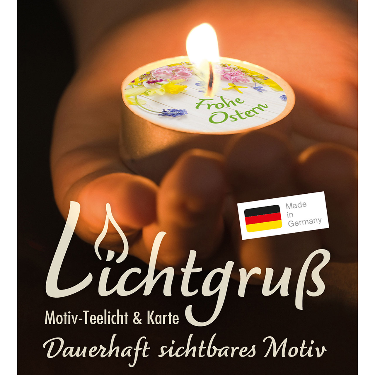 Teelicht mit Grußkarte - Frohe und gesegnete Ostern - Frühlingsblumen