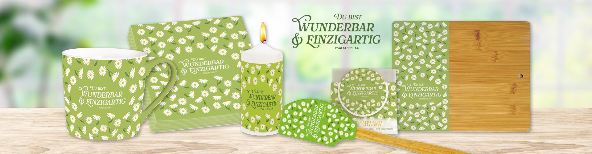 Verschiedene Produkte mit grafischem Gänseblümchen-Motiv und dem Schriftzug: Du bist wunderbar & einzigartig. Psalm 139,14