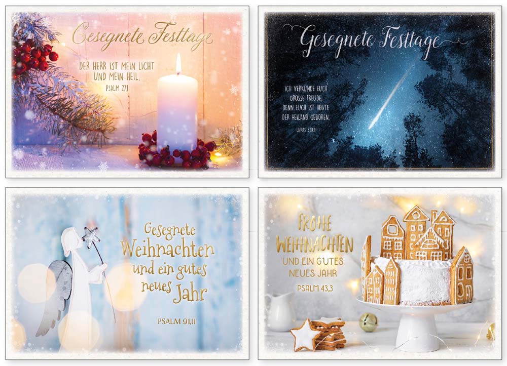 Karte - Minikarten Weihnachten (8 Ex.) - Kerze Tannenzweige Früchte Bäume Sterne Lichtstrahl Engel Stern Lebkuchenhäuser Kuchen Tortenplatte Lichterkette