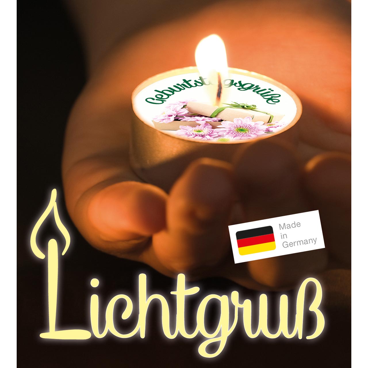 Teelicht mit Grußkarte - Liebe Grüße und viele gute Wünsche - Geschenke / Blumen