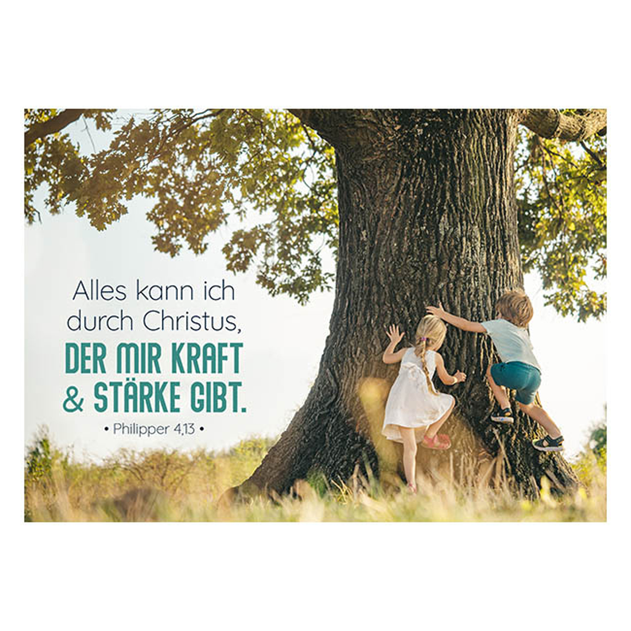 Postkarte - Postkarte 'Alles kann ich durch Christus, der mir Kraft & Stärke gibt. Philipper - Baum Kinder Junge Mädchen Wiese Himmel
