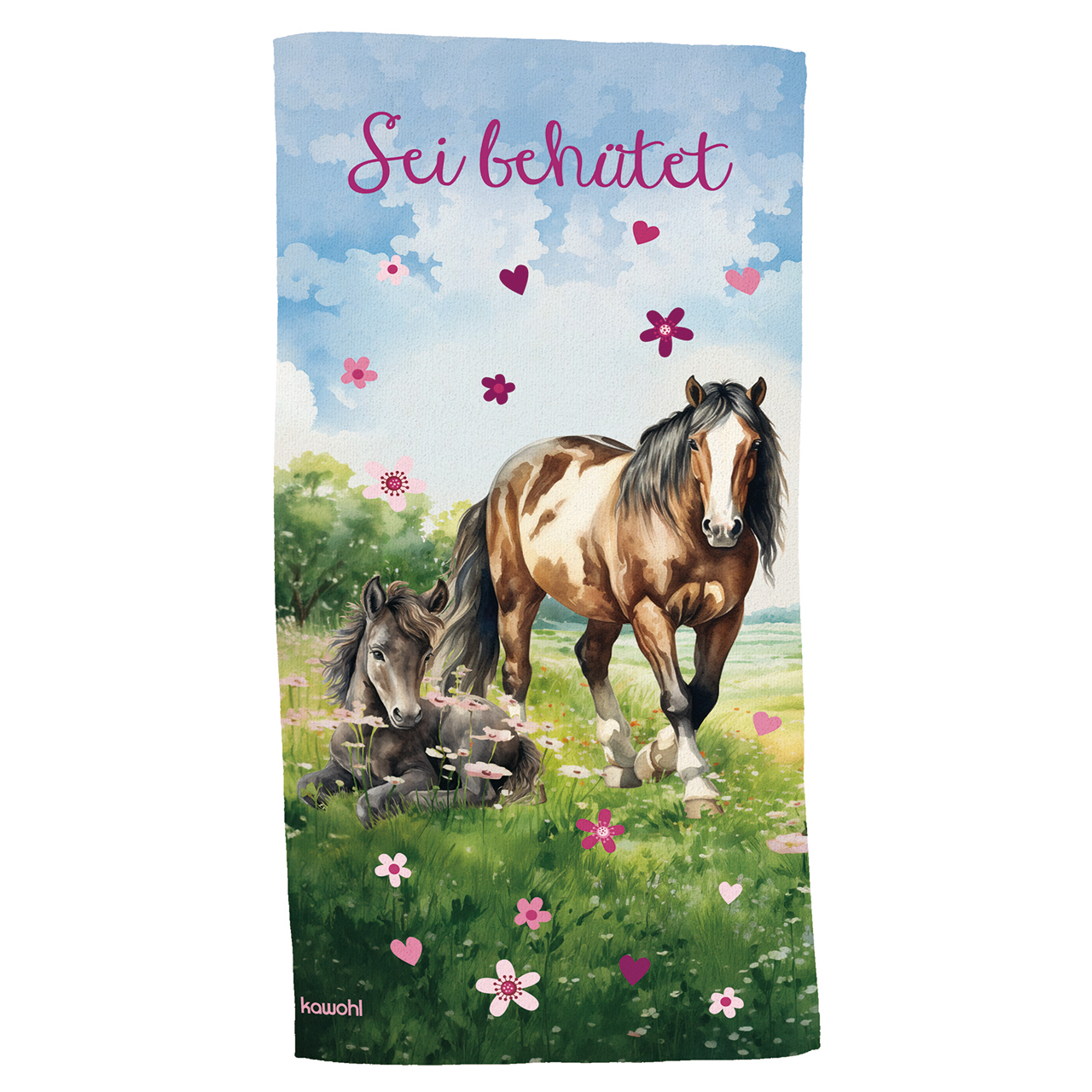 Überraschungs-Handtuch - Sei behütet - Pferd Fohlen Wiese Blumen Herz Wolken Grafik