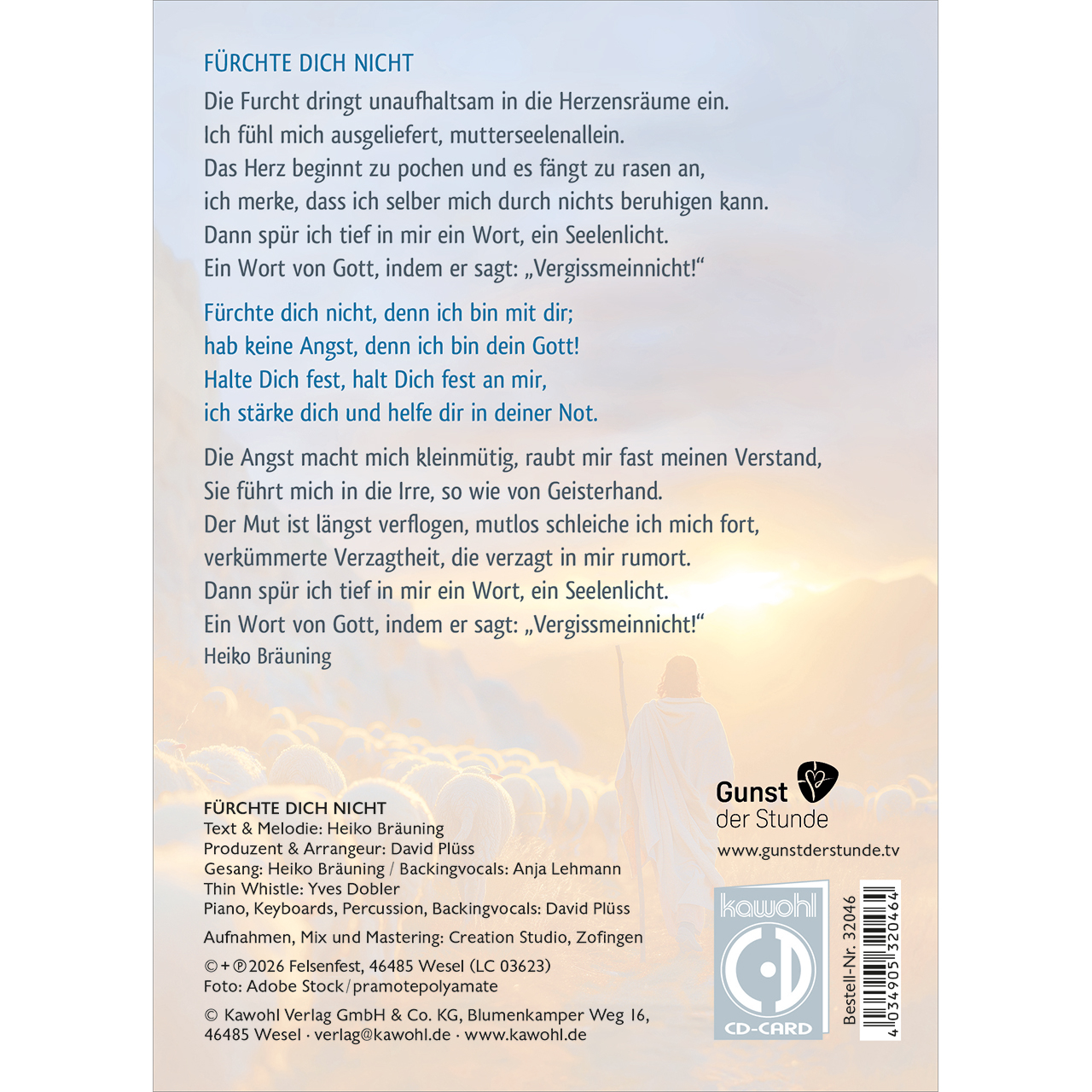 Faltkarte mit CD - Fürchte dich nicht, denn ich bin mit dir - Hirte Schafe Berge Felsen Sonnenuntergang Sonnenaufgang WolkenStab Feld Umhang