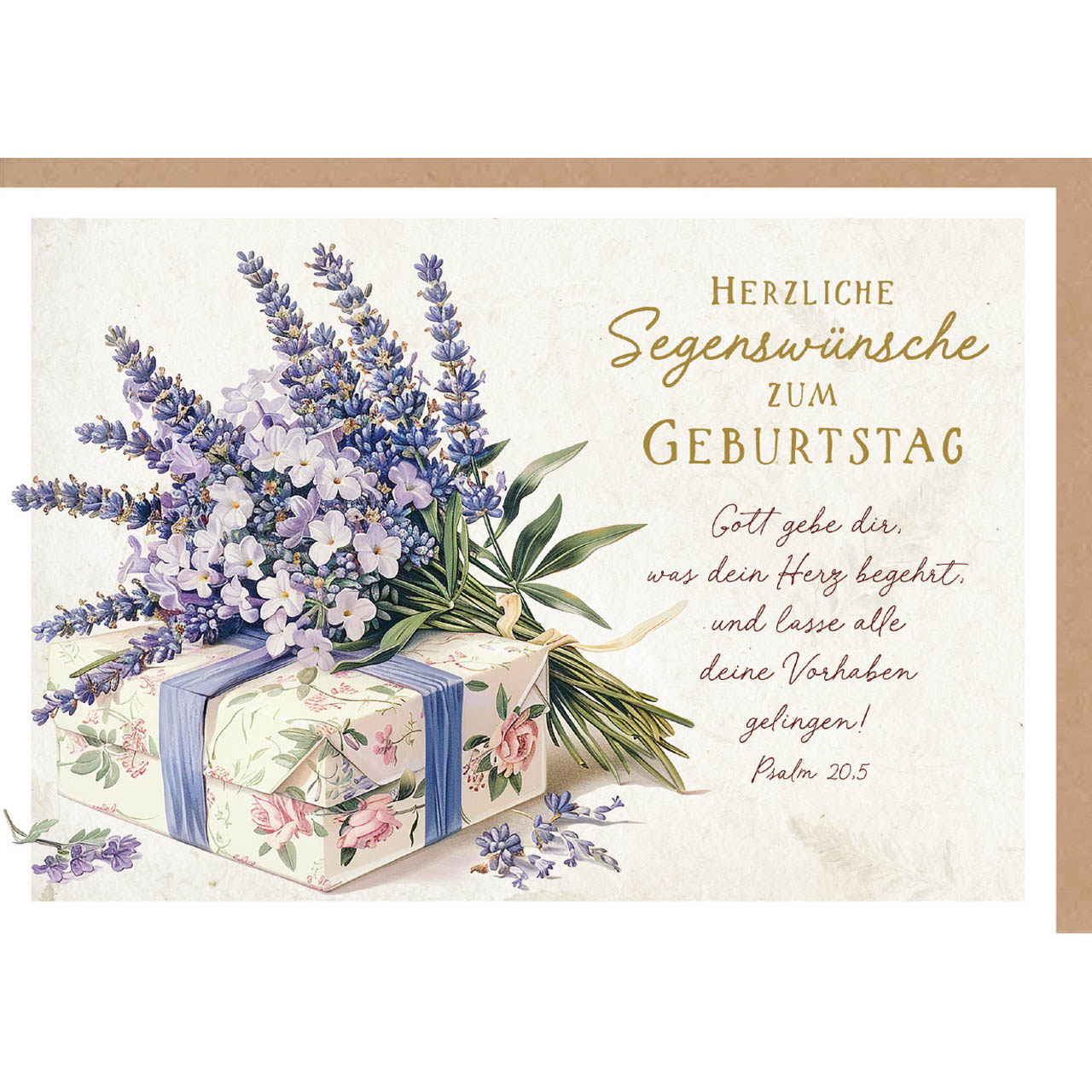 Faltkarte - Faltkarte 'Herzliche Segenswünsche zum Geburtstag' 1x       Motiv: Geschenk mit  - Geschenk Blumenstrauß Blüten Blätter
