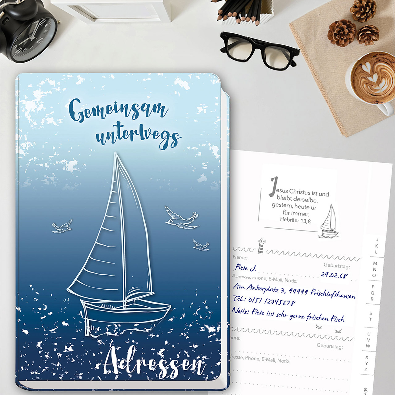 Gemeinsam unterwegs - Adressen Adressbuch - Gemeinsam unterwegs - Adressen - Grafik Segelboot Möven Meer