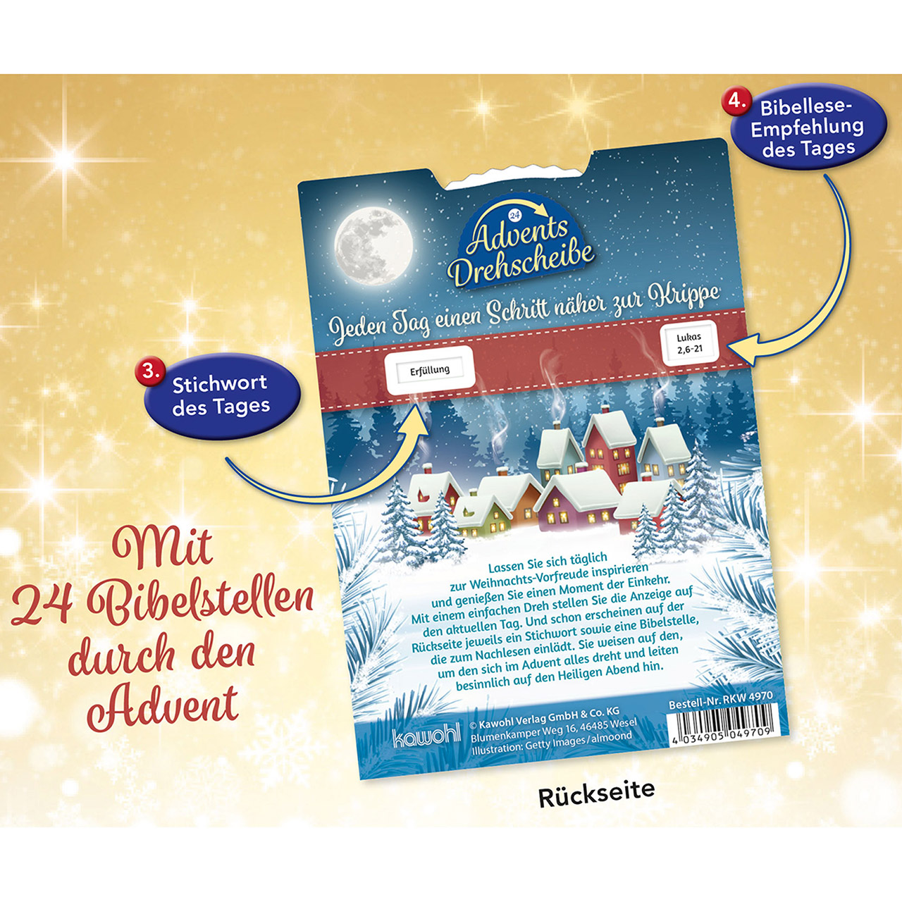 Adventskalender - Gesegnete Adventszeit - Grafik Häuschen Mond Tannenzweige Schnee