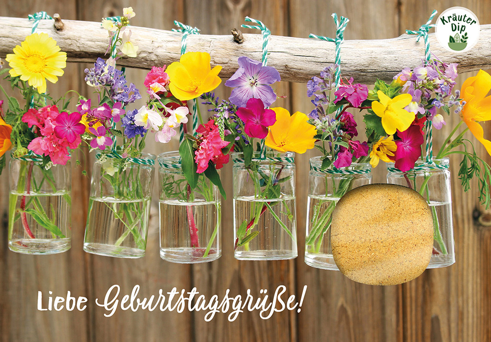Lebensmittel-Karte - Dipkarte 'Liebe Geburtstagsgrüße!' - Vase Blumen