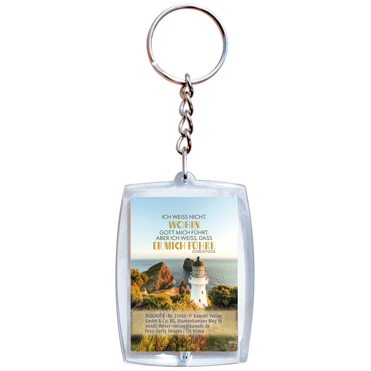 Schlüsselanhänger - Ich weiß nicht, wohin Gott mich führt - Leuchtturm Felsen Wasser Büsche