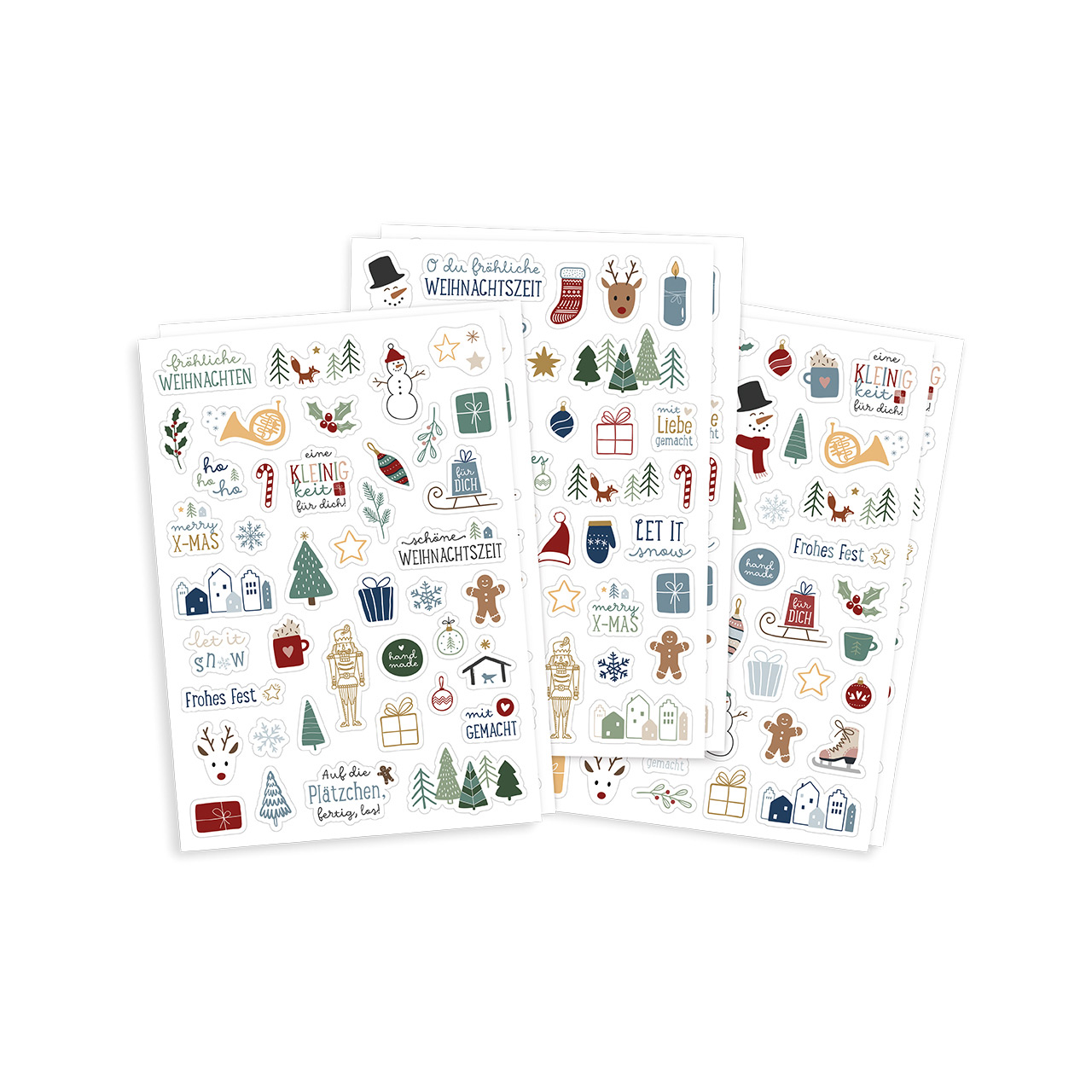 Aufkleber - Sticker-Set 'Weihnachten' 6 Bögen - Schneemann Häuser Tannenbaum Lebkuchenmann Tasse Posaune Schlittschuhe Christbaumkugeln Elchgesicht Geschenke
