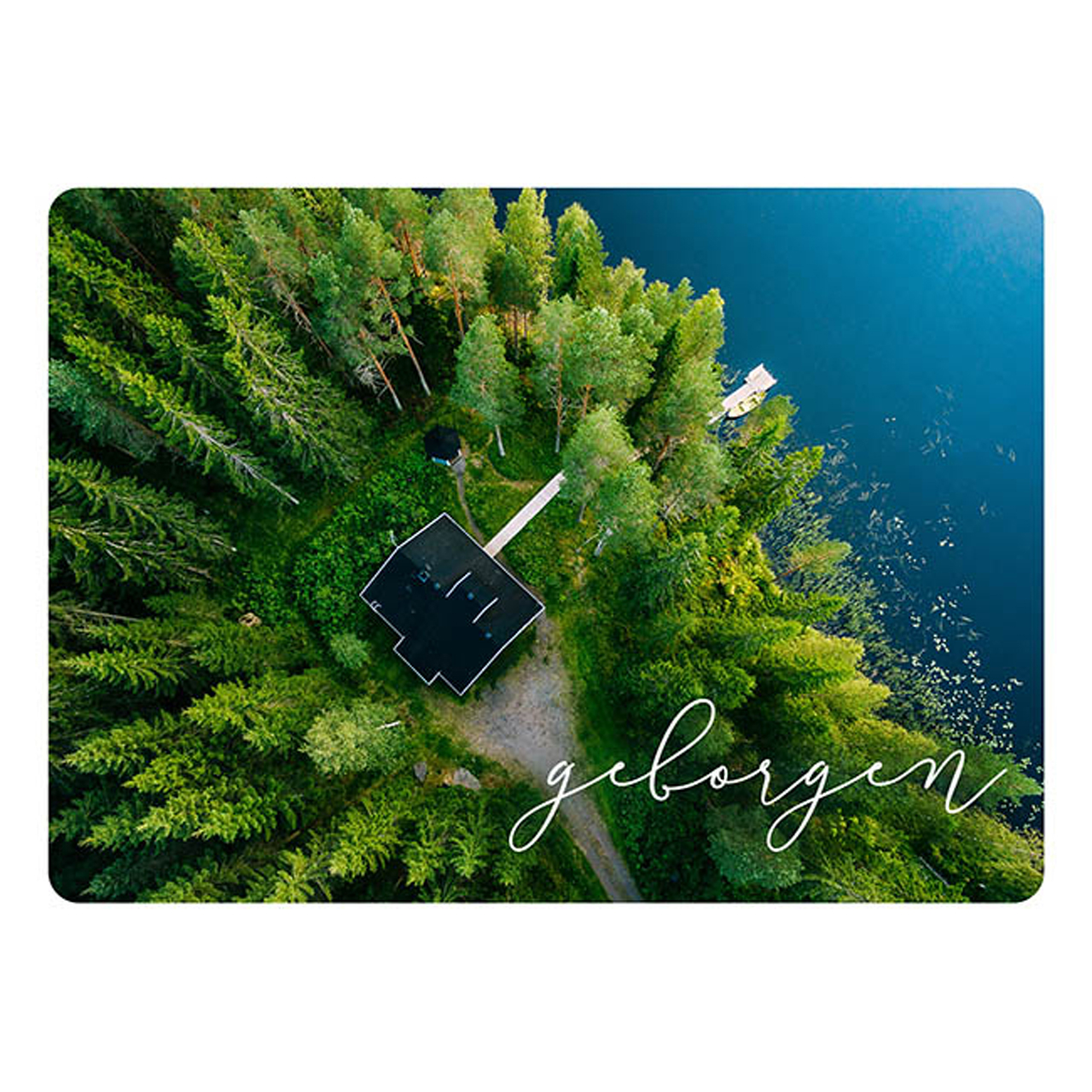 Postkarte - Postkarte 'Geborgen'   1EX - Haus See Weg Wald
