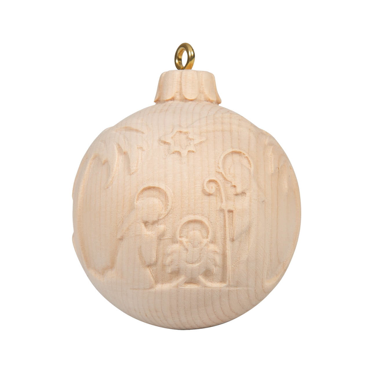Dekoration - Baumkugel Heilige Familie aus Zirbelholz - Holzkugel Mann Frau Baby Stern Palme