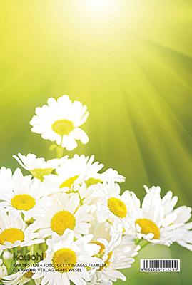 Faltkarte - Viel Glück und viel Segen - gelbe Kanne - Kamillenstrauß in roten Gummistiefeln