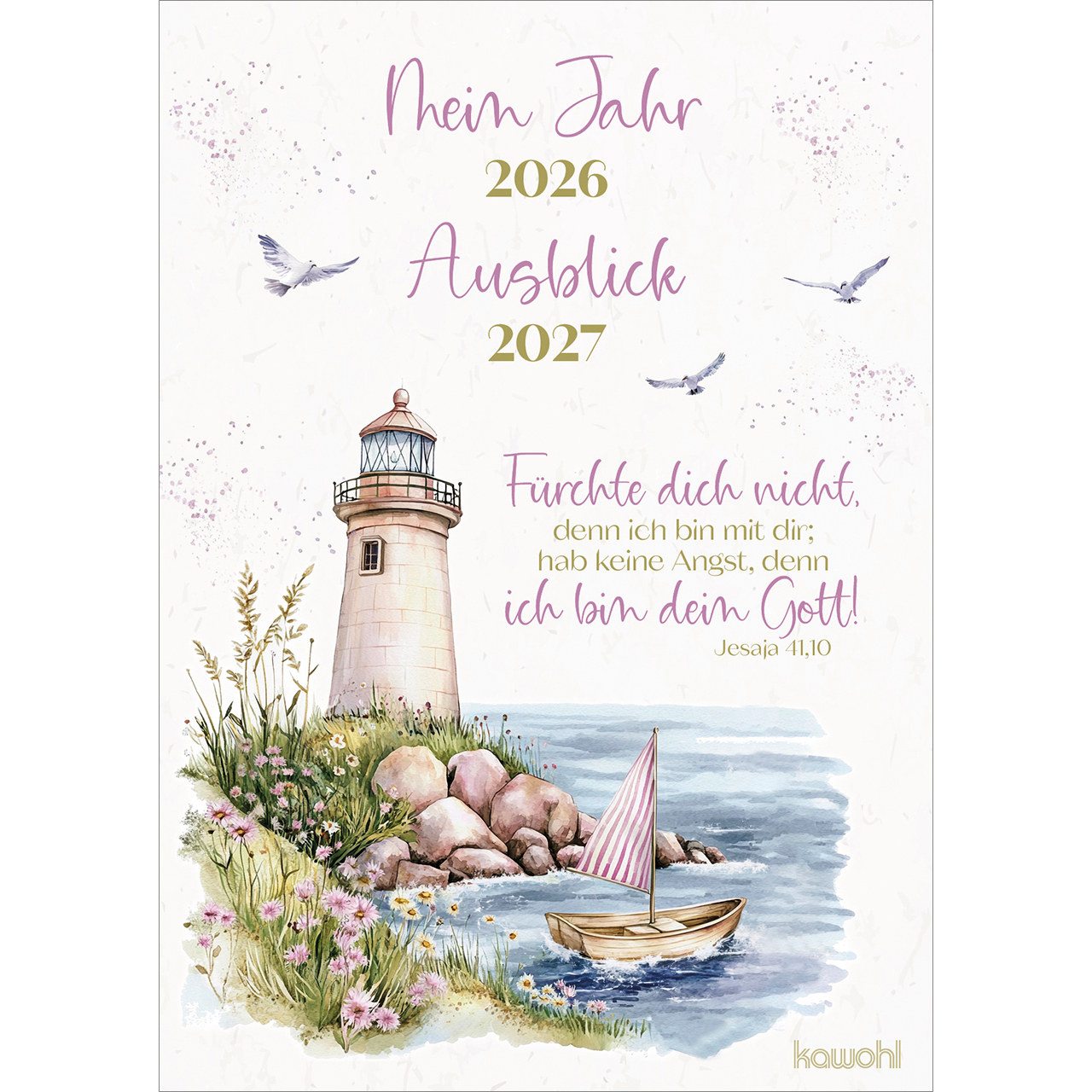 Postkarten - Mein Jahr 2026 - Ausblick 2027 - Grafik Leuchtturm Boot Segel Möve Stenne Blumen Wasser Meer Vögel