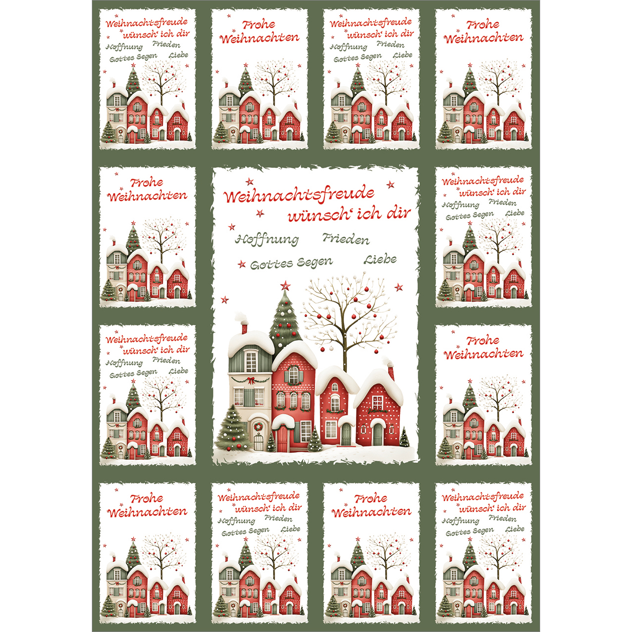 Postkarten mit Aufklebern - Weihnachtsfreude wünsch' ich dir - Häuserzeile Haus Schnee Weihnachten Grafik