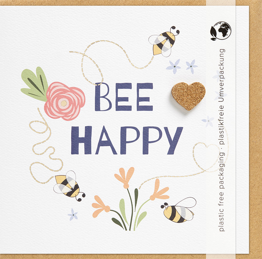 Grußkarte - Faltkarte 'Bee Happy' - Biene Herz Blumen