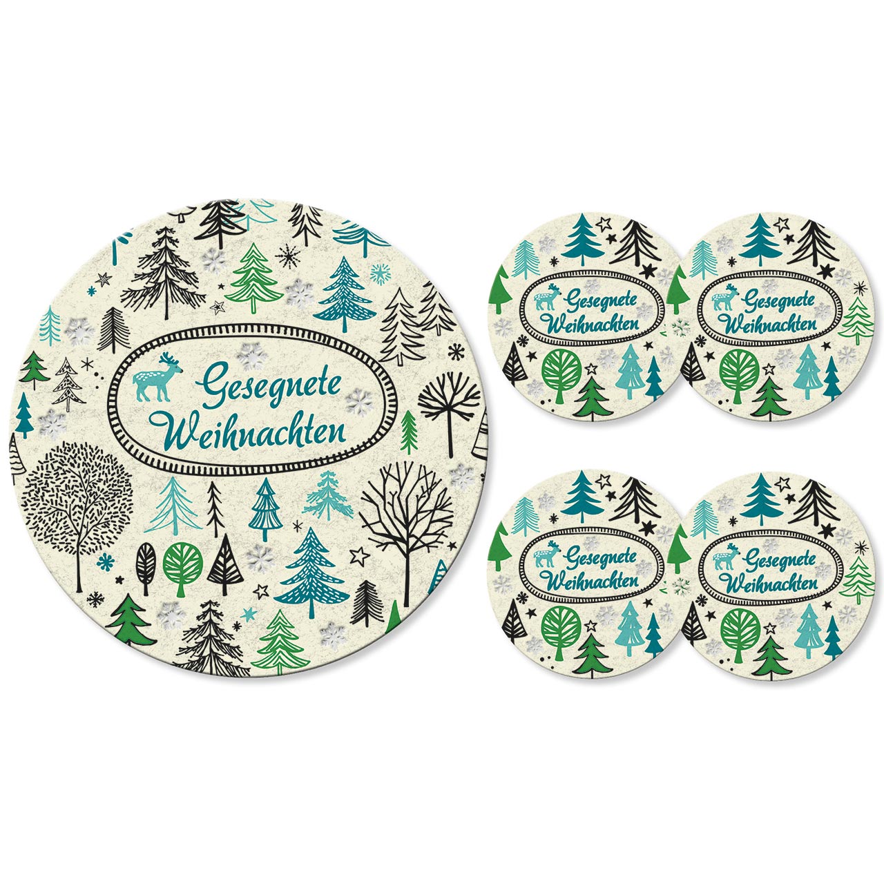 Untersetzer - Gesegnete Weihnachten - <b>Weihnachtsbäume, Elch, Schneeflocken</b>