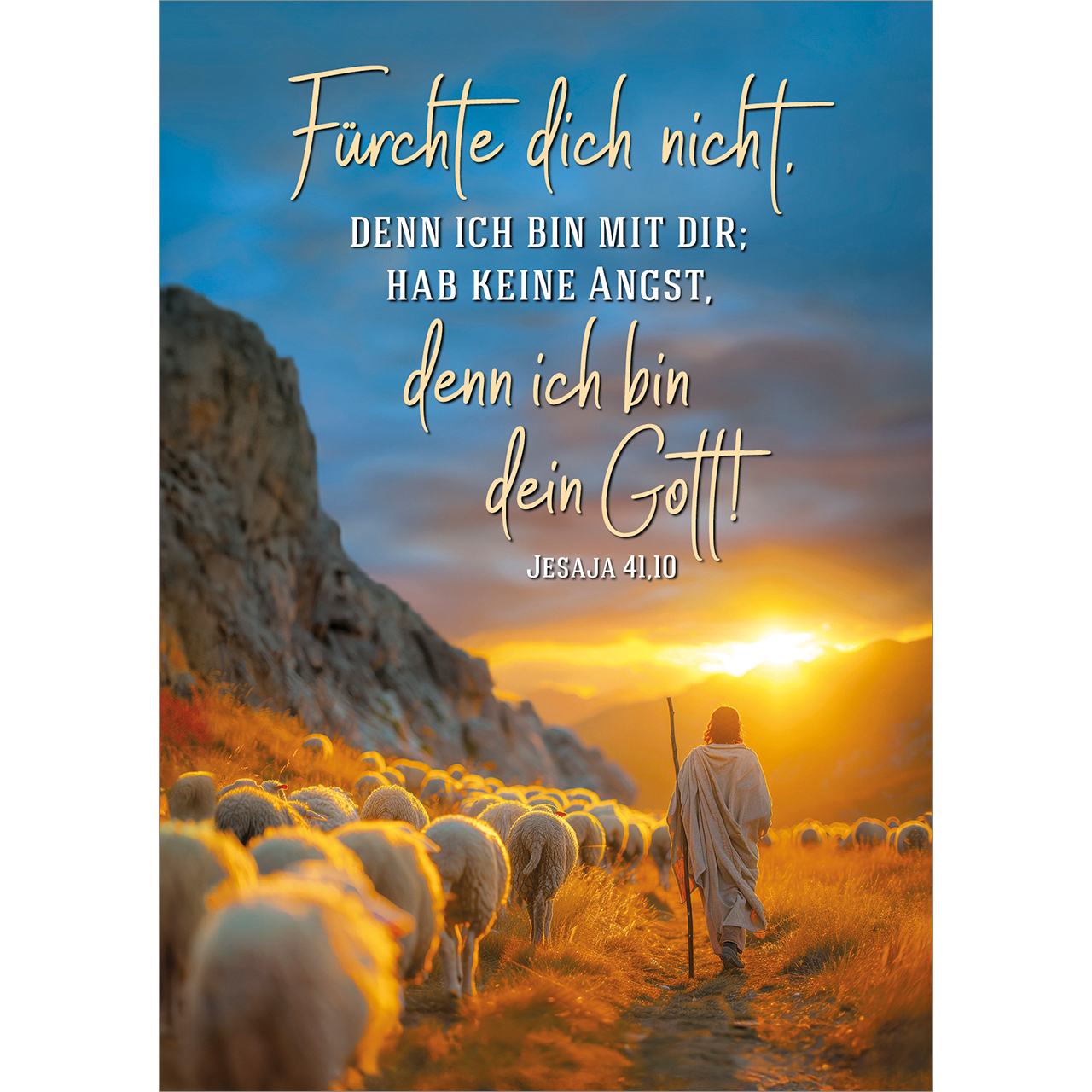 Postkarten - Fürchte dich nicht, denn ich bin mit dir - Hirte Schafe Berge Felsen Sonnenuntergang Sonnenaufgang Wolken Stab Feld Umhang Sonne