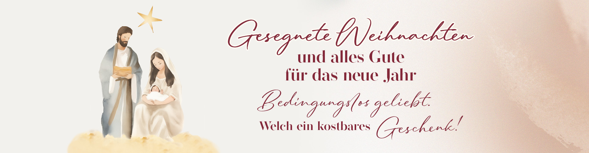 Banner mit einer Illustration der Heiligen Familie, umgeben von weihnachtlichen Grüßen und Wünschen für das neue Jahr.