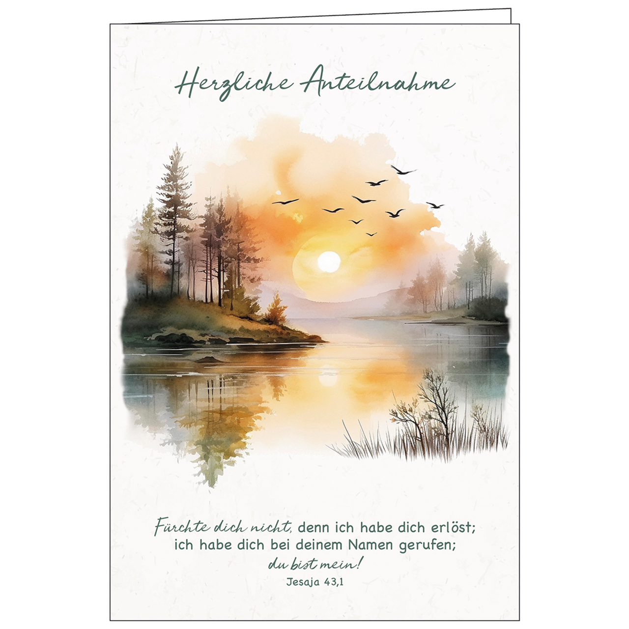 Faltkarte - Herzliche Anteilnahme - Aquarell See Herbstfarben Vögel Tannen Sonne