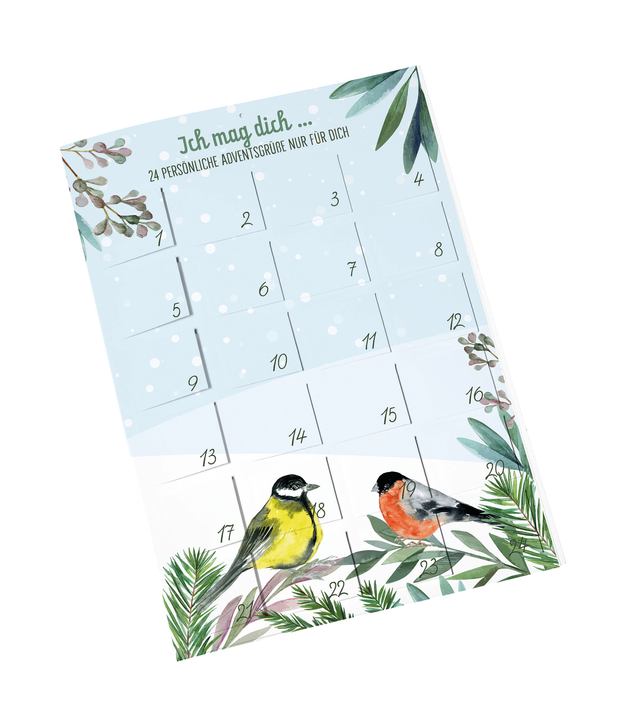 Ich mag dich - 24 persönliche Adventsgrüße nur für dich Adventskalender - Ich mag dich - 24 persönliche Adventsgrüße nur für dich - Vögel Tannenzweige Blätter
