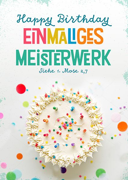 Postkarte - Postkarte 'Happy Birthday - Einmaliges Meisterwerk'  1EX - Torte Kuchen Kerzen Punkte Sterne