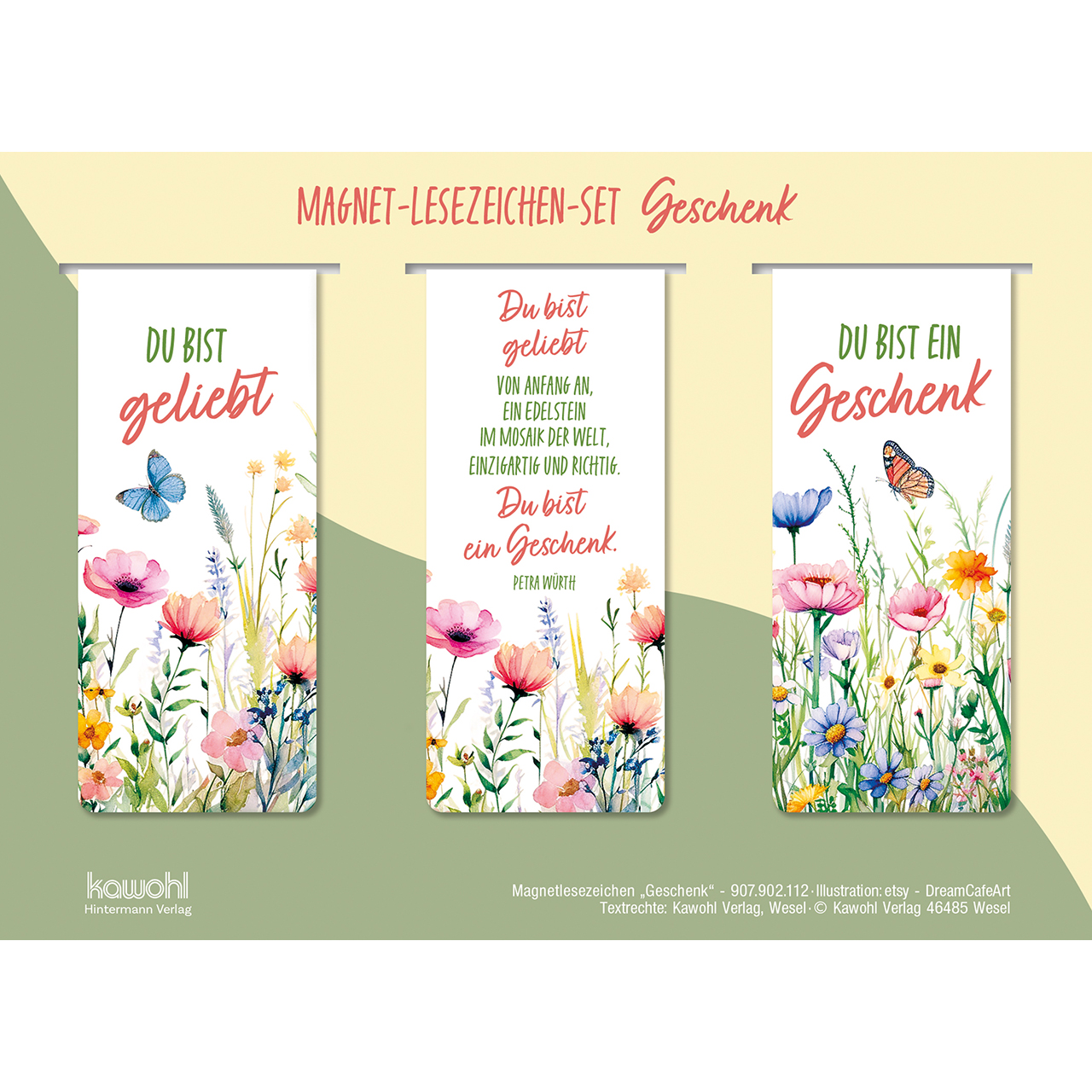 Lesezeichen - Du bist ein Geschenk - Blumen Aquarell Schmetterlinge