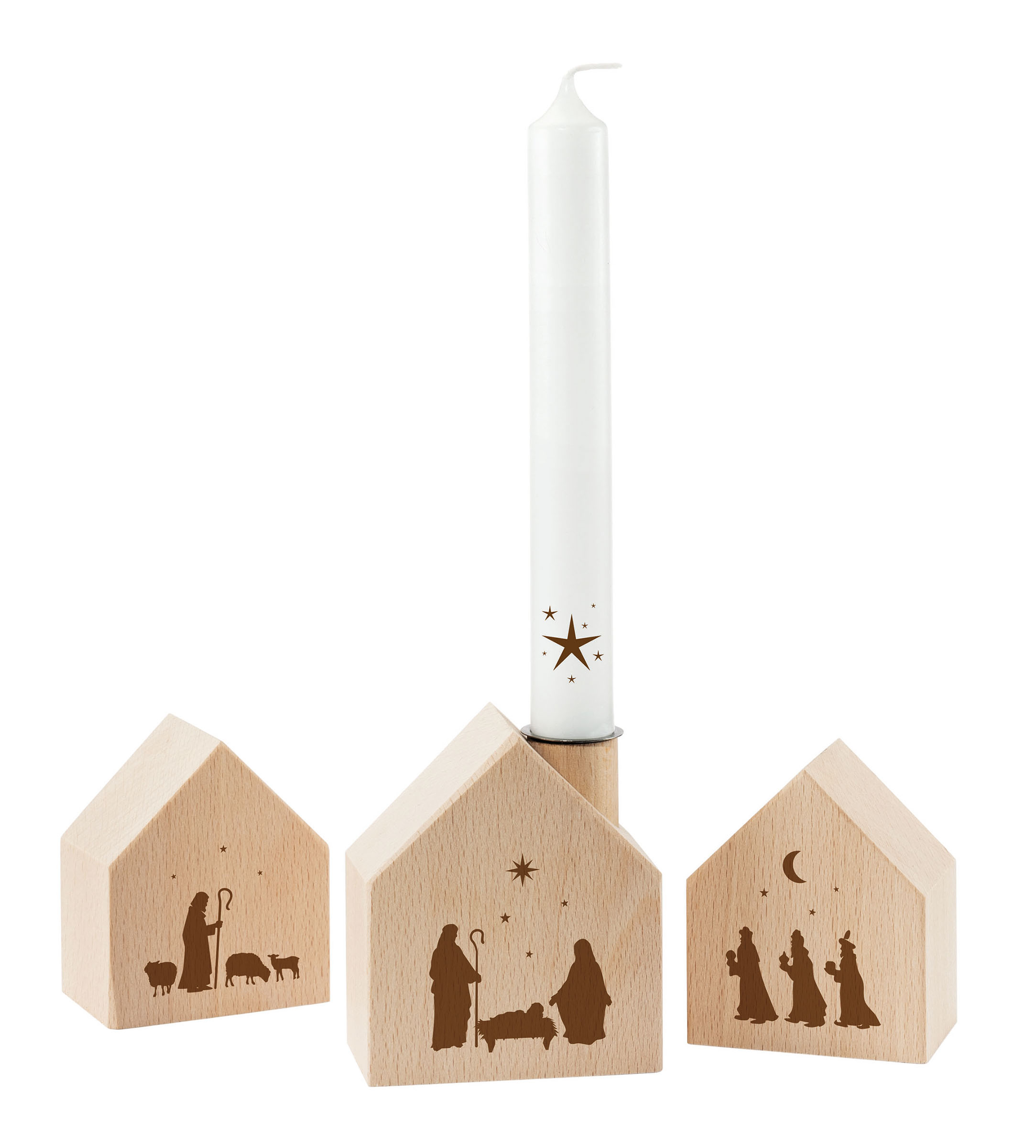 Holzhaus-Set (3-teilig) Krippenszene Dekoration - Holzhaus-Set (3-teilig) Krippenszene - Kerze Holzhäuser Familie Krippe Hirte Schafe Könige Sterne