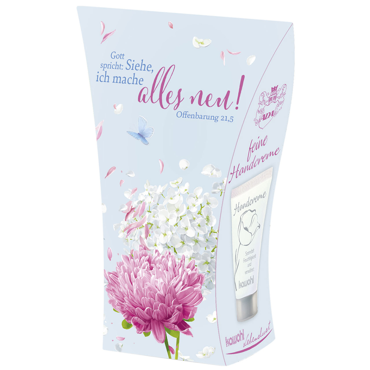 Gott spricht: Siehe, ich mache alles neu! Handcreme - Gott spricht: Siehe, ich mache alles neu! - Grafik Dahlie Hortensie Schmetterling