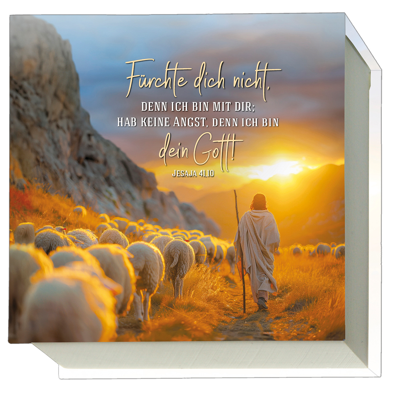 Notizblock - Fürchte dich nicht, denn ich bin mit dir - Hirte Schafe Berge Felsen Sonnenuntergang Sonnenaufgang Wolken Stab Feld Umhang Sonne