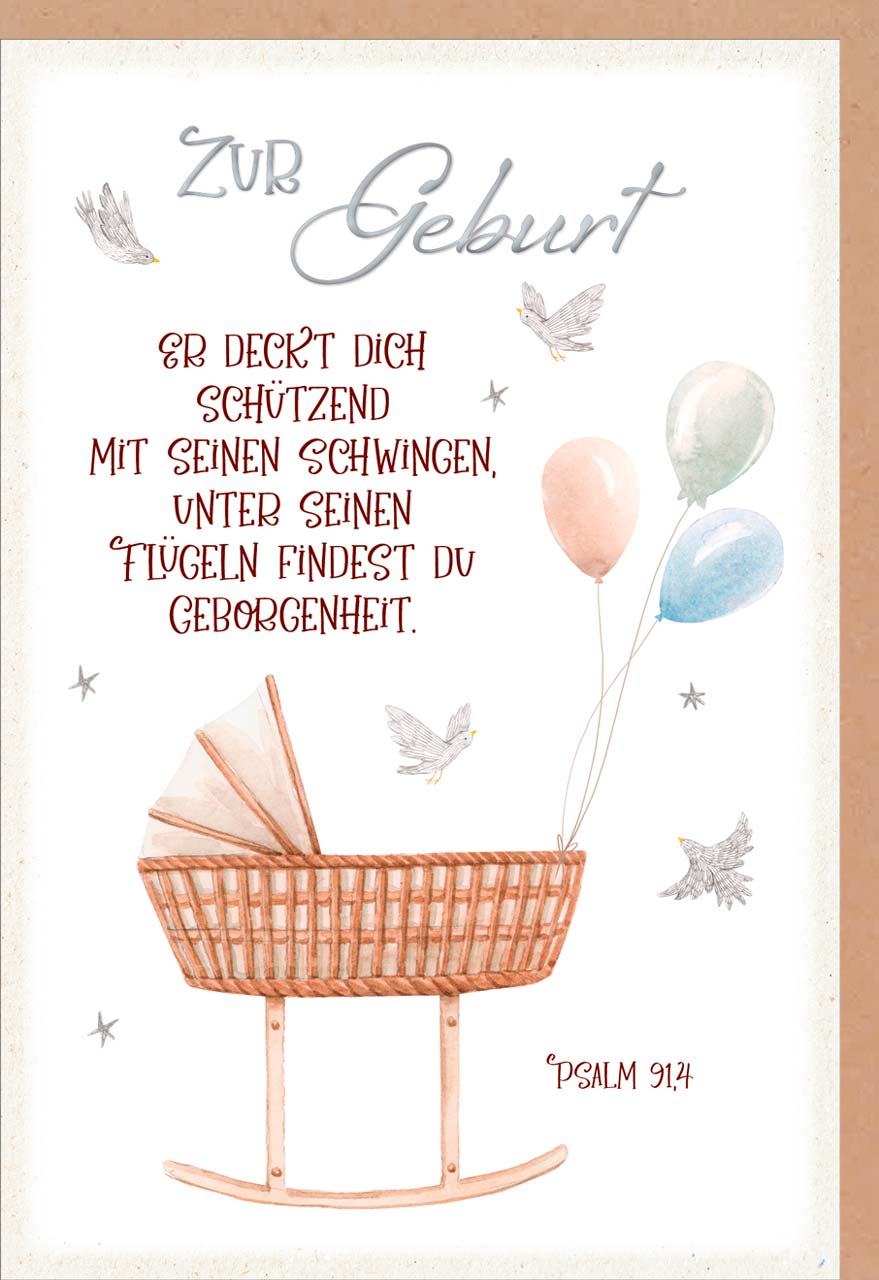 Faltkarte - Faltkarte 'Zur Geburt' - Wiege Luftballon Sterne Vögel