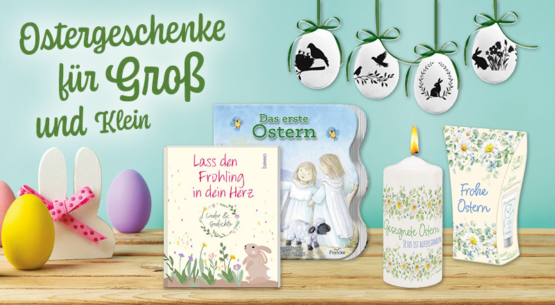 Banner mit Ostergeschenken für Groß und Klein, bunten Eiern, Büchern, einer Kerze, Handcreme und dekorativen Ostereiern im Hintergrund.