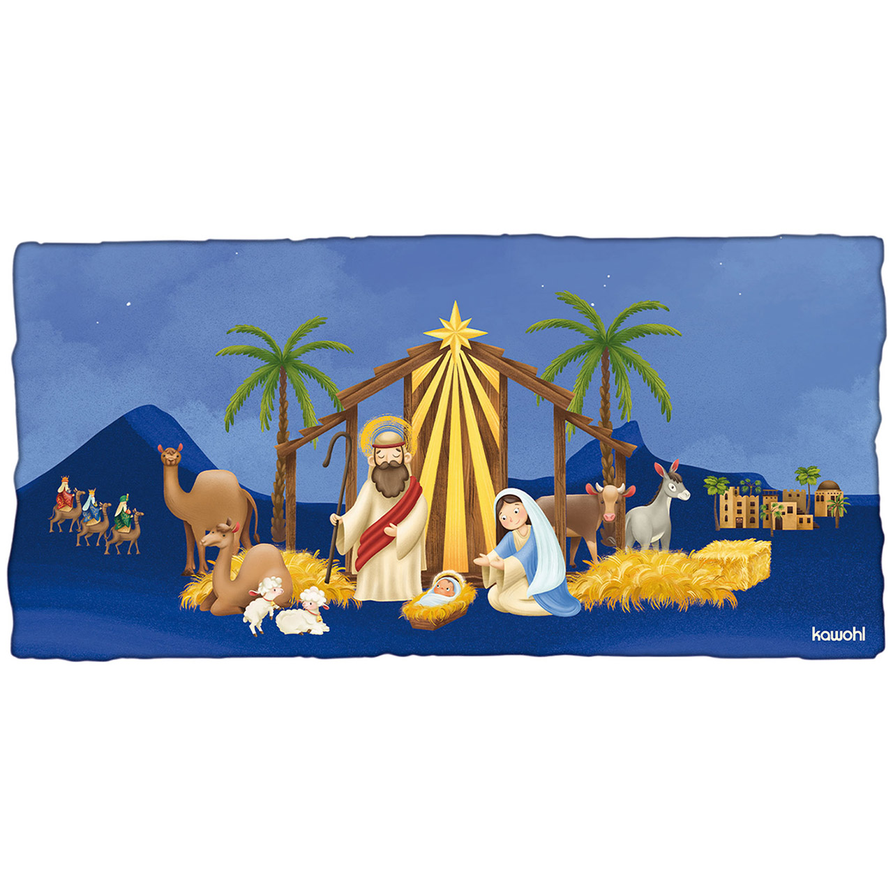 Überraschungs-Handtuch - Weihnachtskrippe - Krippe Stern Maria Josef Jesus Kamele Schafe Stroh Stall Berge