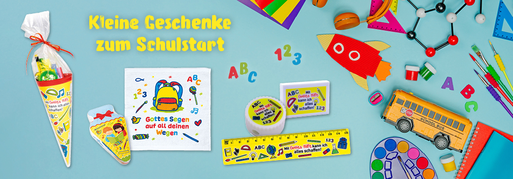 Bunt gestaltete Schultüten und Schulmaterialien auf hellem Hintergrund. Text: Kleine Geschenke zum Schulstart