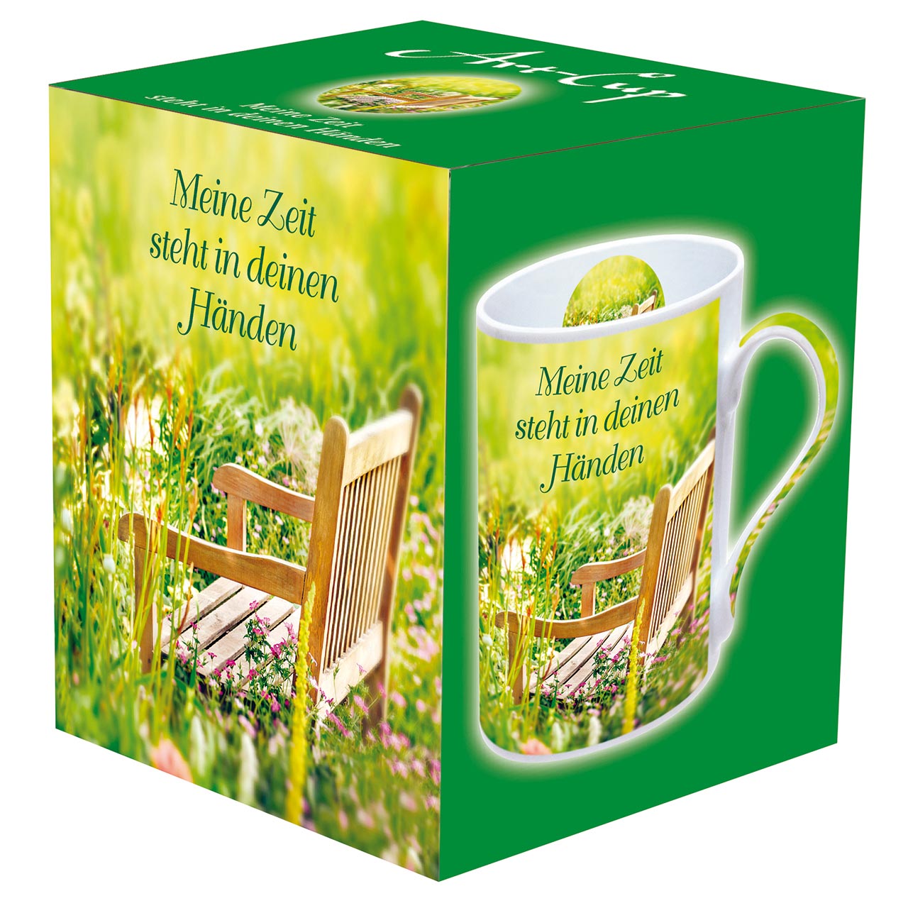 Tasse - Meine Zeit steht in deinen Händen - Bank im Garten