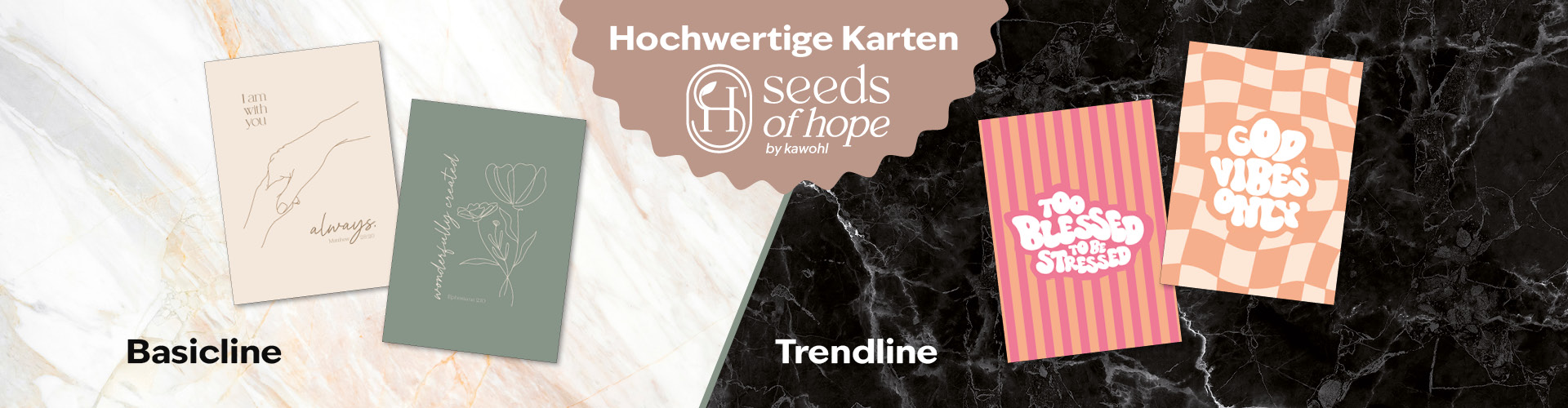 Banner "Seeds of Hope" - auf einem dunklen Marmorhintergrund sind zwei Karten im Retro-Design abgebildet, links sind auf einem hellen Marmorhintergrund zwei Karten abgebildet. 