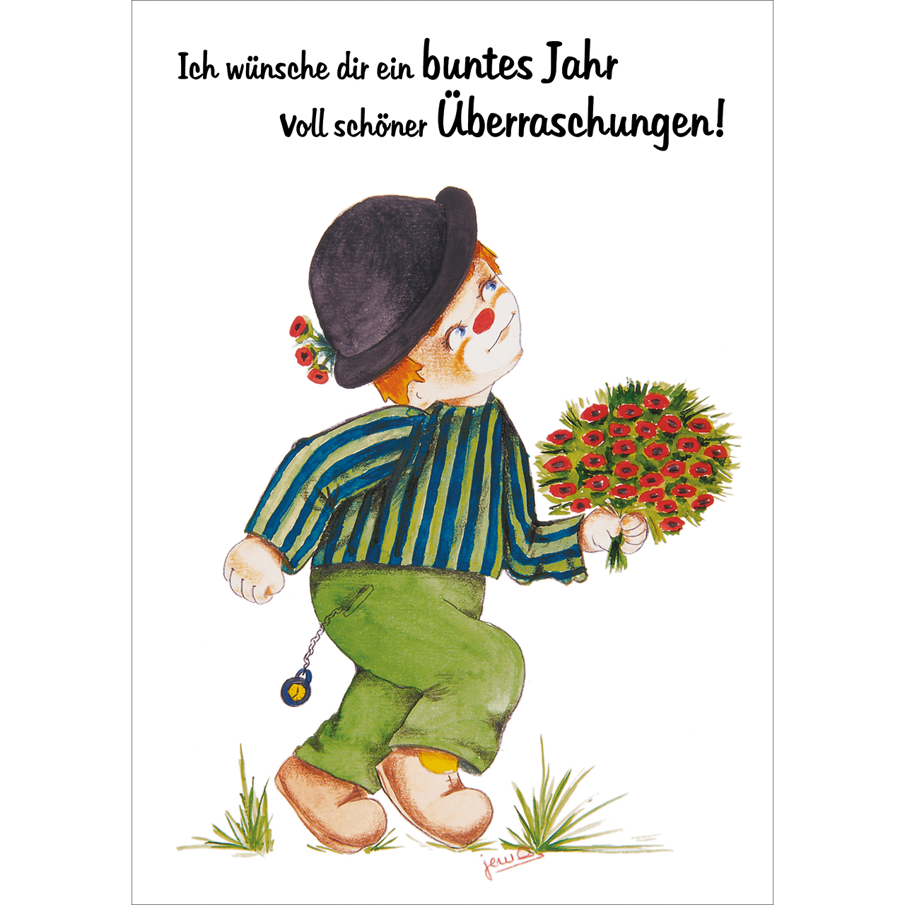 Postkarten - Ich wünsche dir ein buntes Jahr - Clown laufend Straß Blumen Zeichnung Taschenuhr Hut