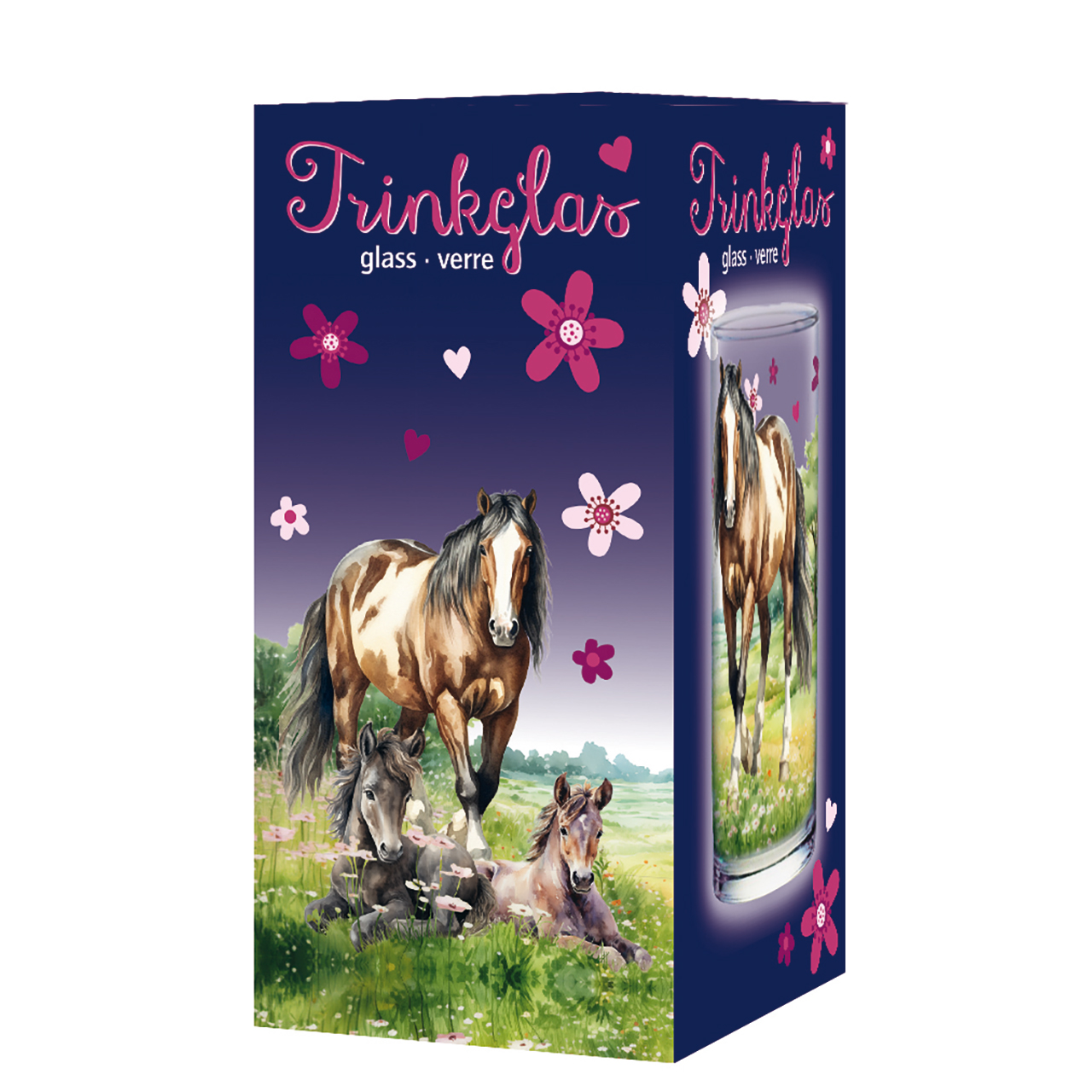 Trinkglas - Pferde und Fohlen - Pferde Fohlen Herz Blumen Wiese Gras Bäume