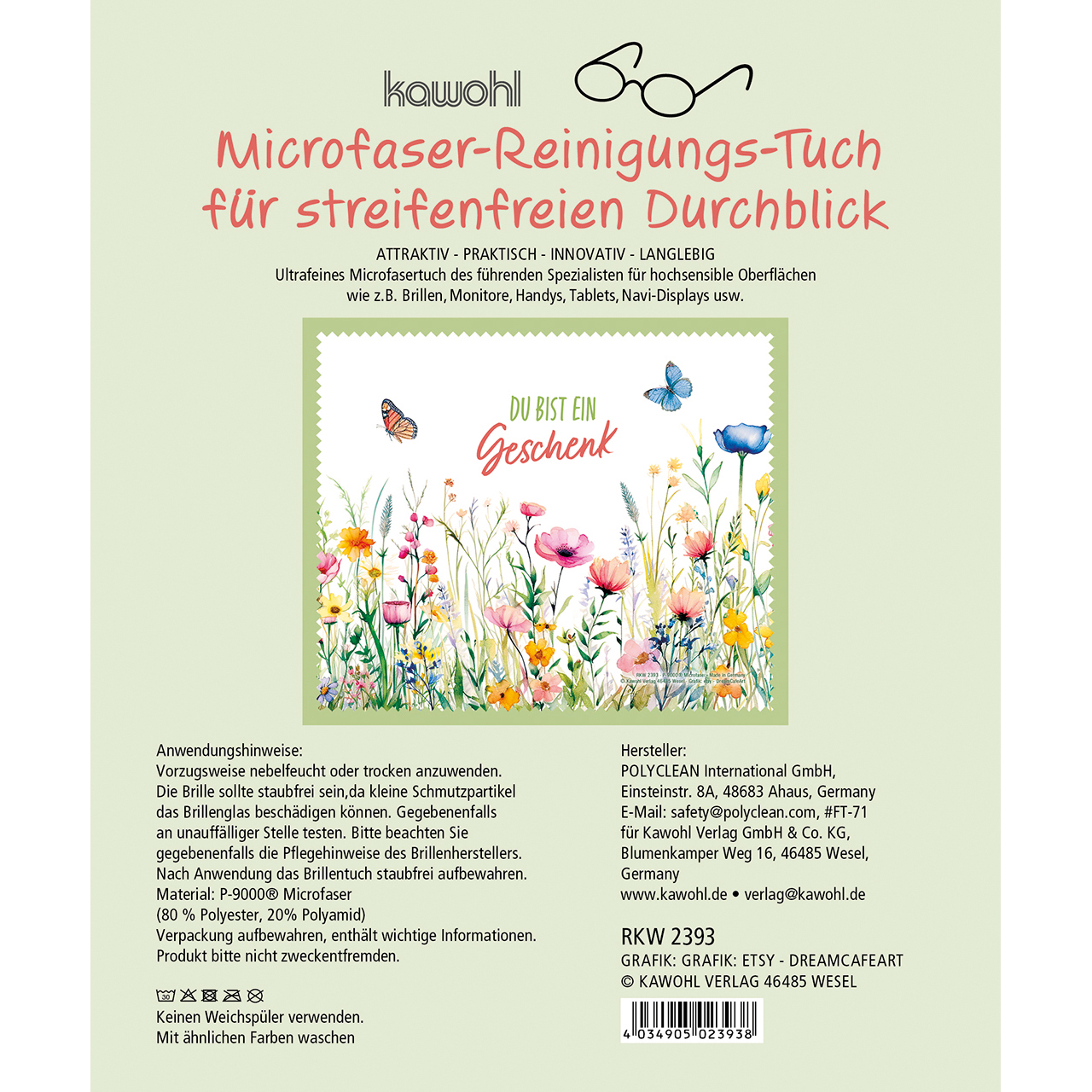 Brillenputztuch - Du bist ein Geschenk - Aquarell Blumenwiese Schmetterling