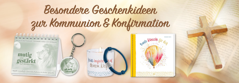 Banner mit Geschenkvorschlägen zur Kommunion und Konfirmation: Aufstellbuch, Anhänger, Kerze, Buch und Armband.