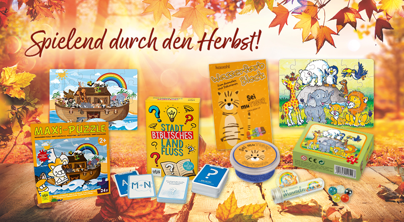 Bunt gestalteter Banner mit Herbstmotiven, der Spiele und Artikel für Kinder bewirbt. Text: "Spielend durch den Herbst!"