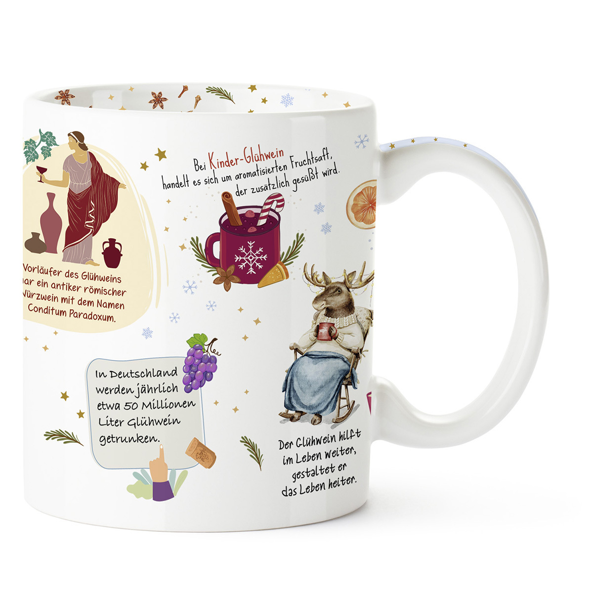 Tasse - Wissenstasse Glühwein - Tasse Sprüche Frau Blätter Krüge Trauben Elch Schaukelstuhl   Hand Korken Anis Zimtstange