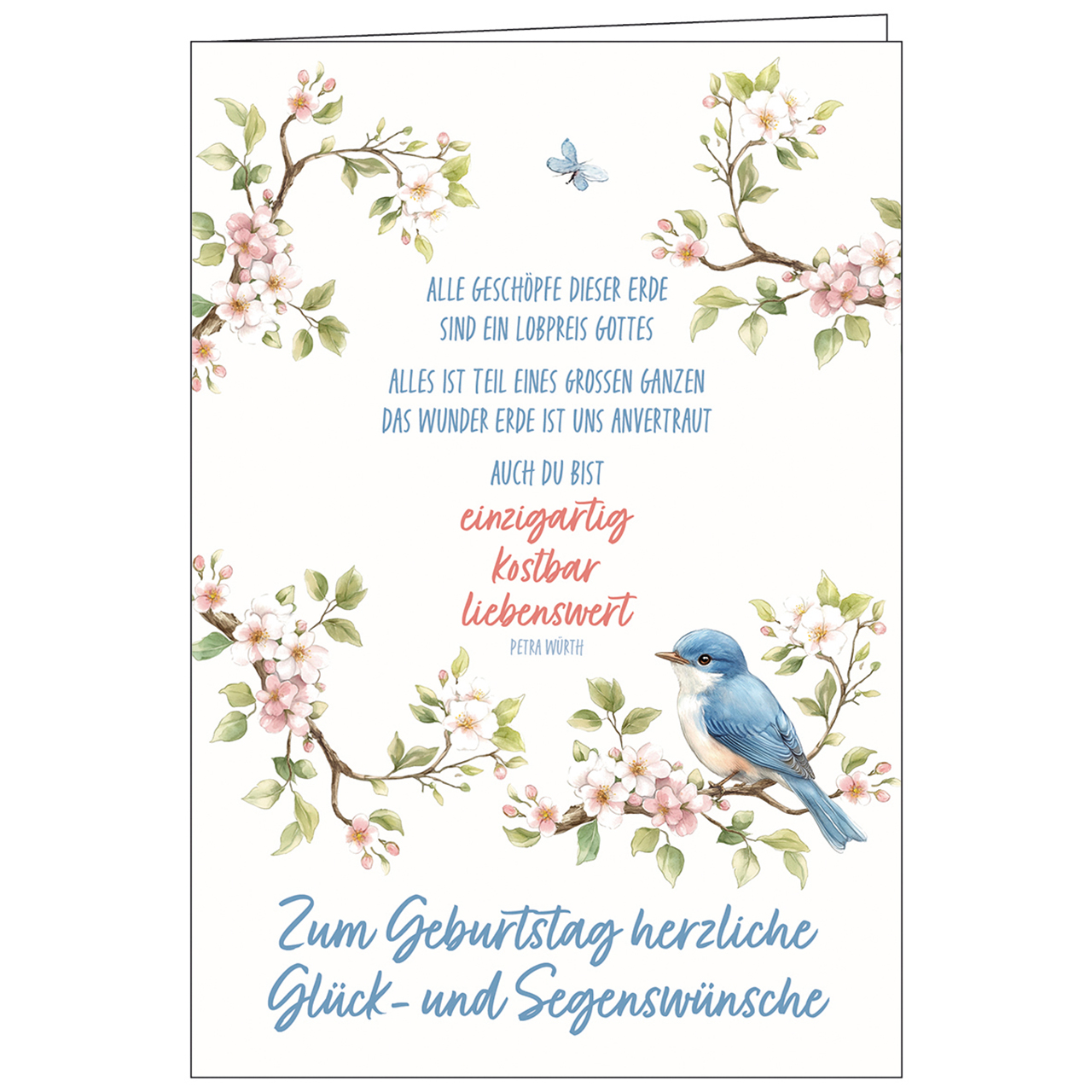 Faltkarte - Zum Geburtstag herzliche Glück- und Segenswünsche - Aquarell Vogel Blütenzweige