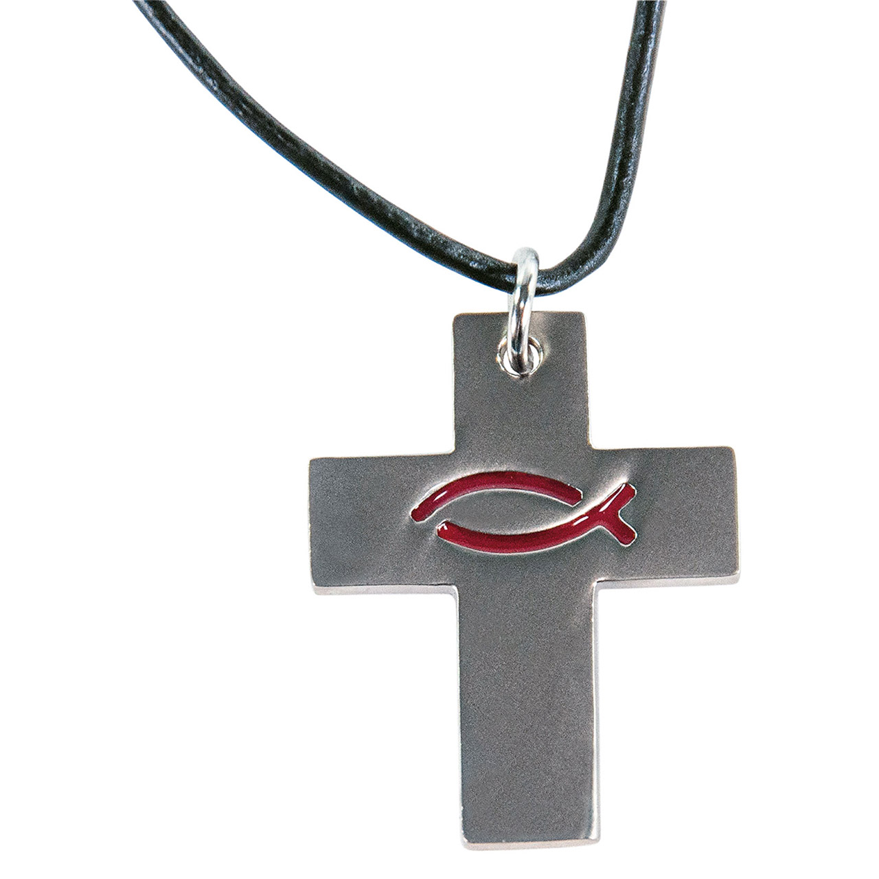 Kreuz mit Ichthys-Fisch an Lederband