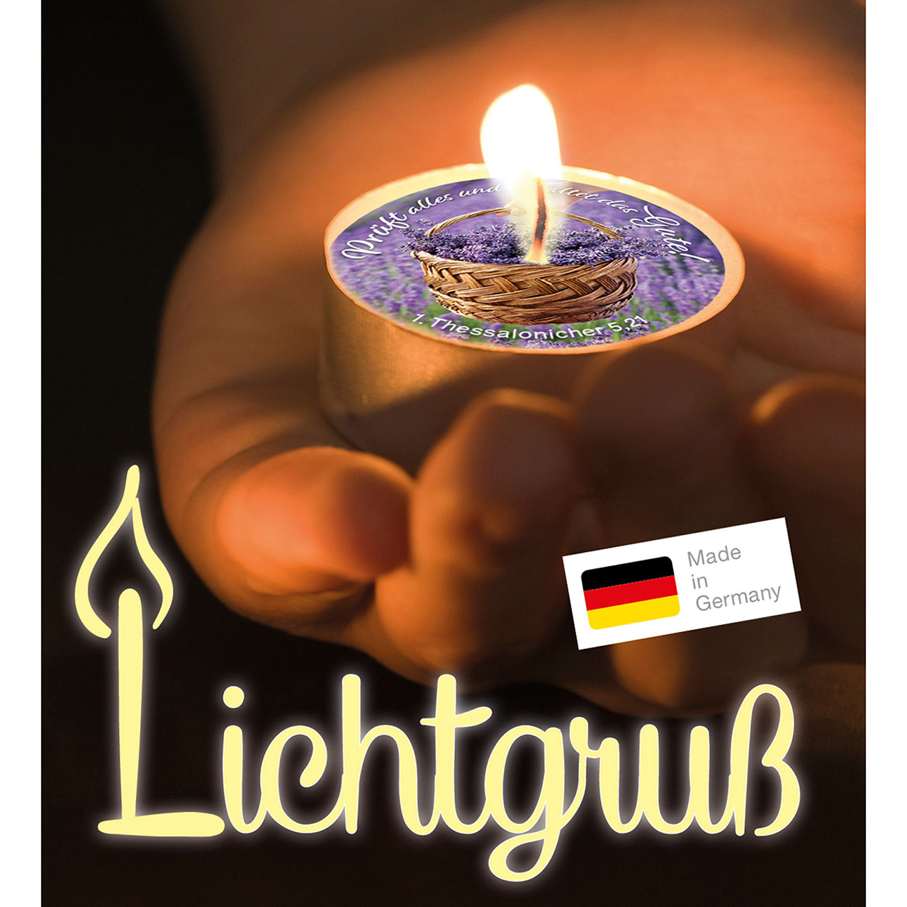 Teelicht mit Grußkarte - Prüft alles und behaltet das Gute! - Lavendelkorb Lavendel Hand Feld