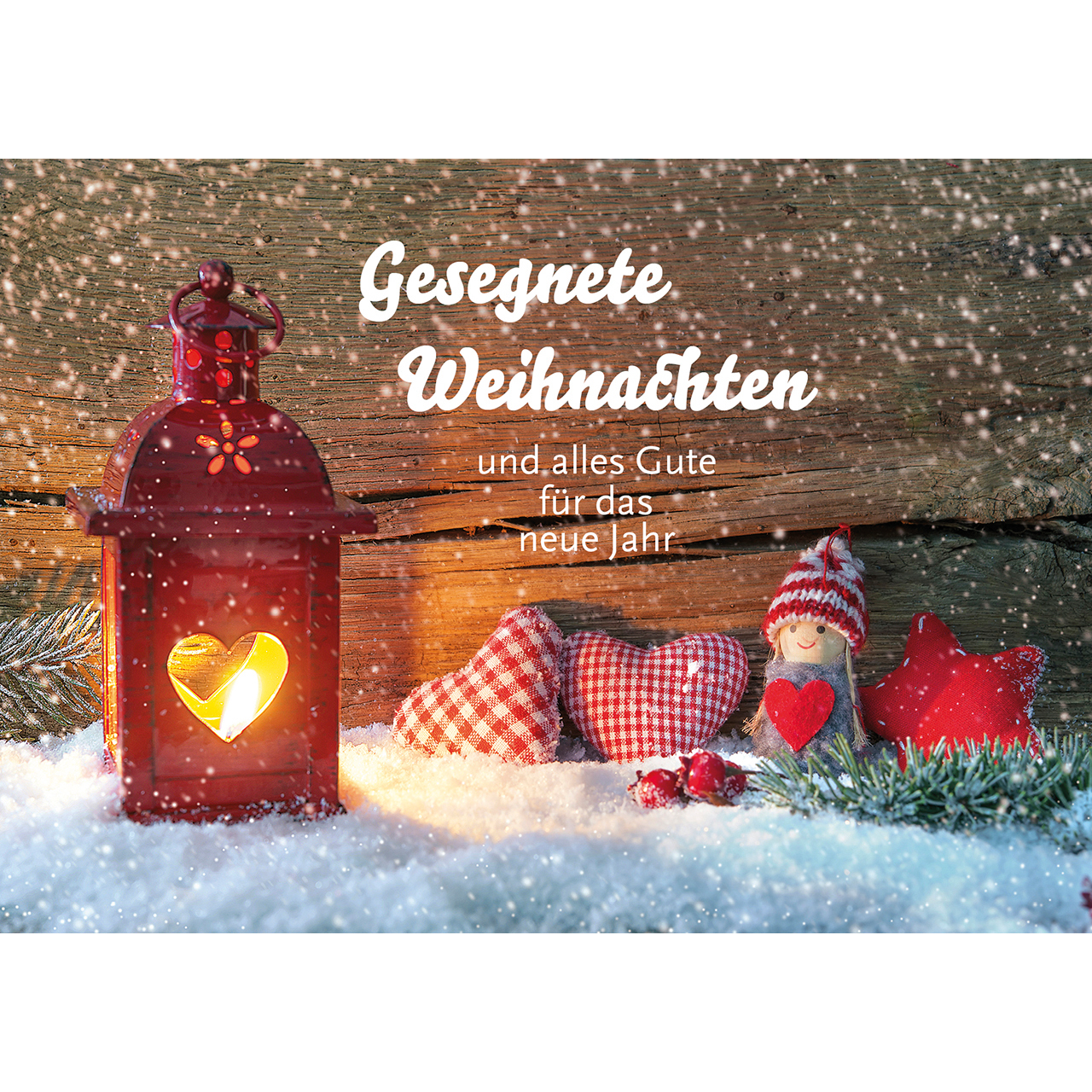 Postkarten - Gesegnete Weihnachten - Laterne Weihnachtsdeko Herzen Stoff Kerze Stern Puppe Zweige