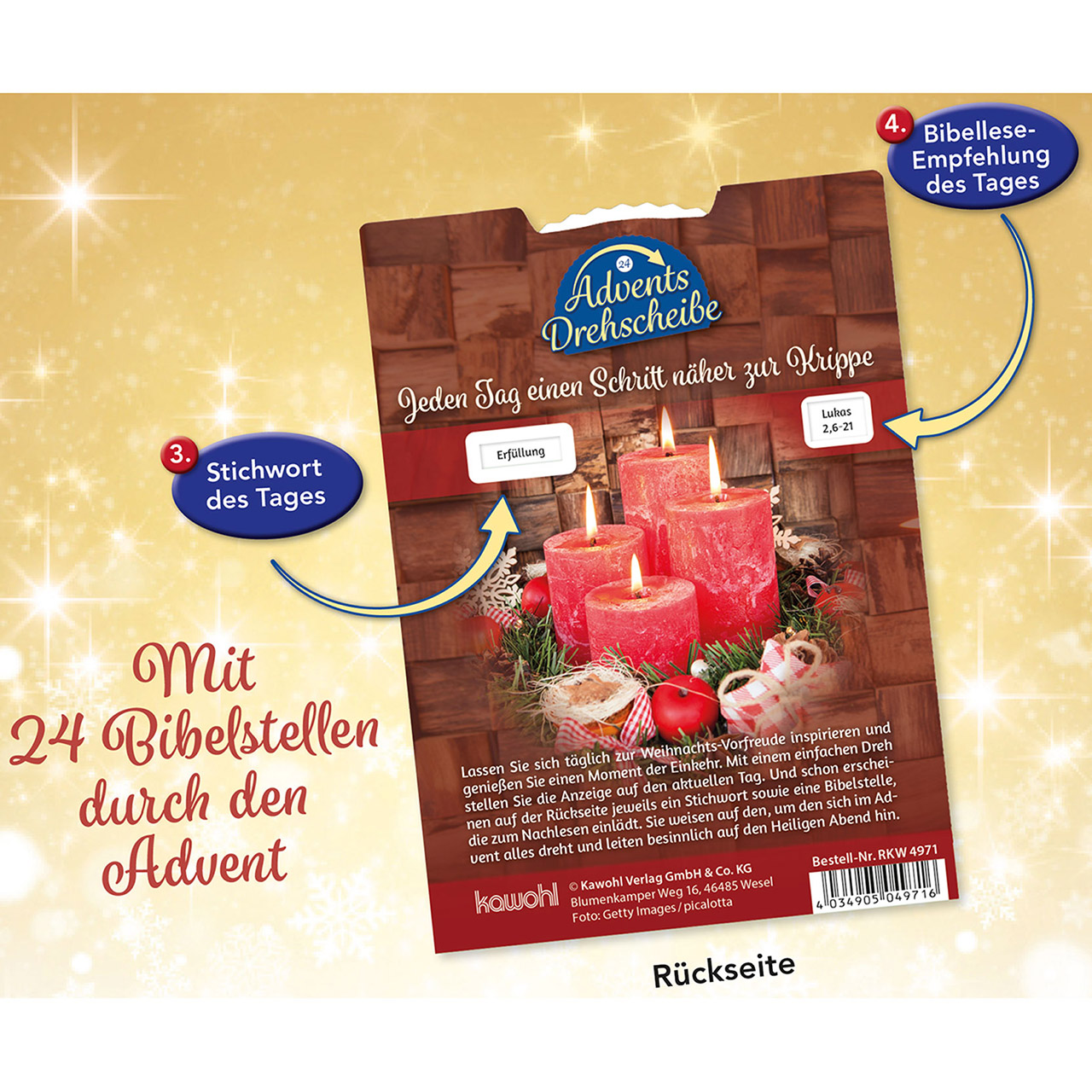 Adventskalender - Gesegnete Adventszeit - 4 Kerzen Stern Äpfel Tannenzweige Schleifen