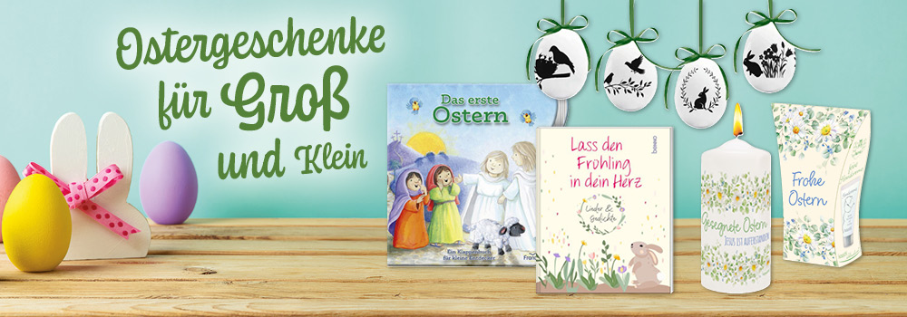Banner mit Ostergeschenken für Groß und Klein, bunten Eiern, Büchern, einer Kerze, Handcreme und dekorativen Ostereiern im Hintergrund.