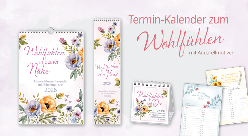 Banner mit verschiedenen Termin-Kalendern für 2026, gestaltet mit floralen Aquarell-rellmotiven.